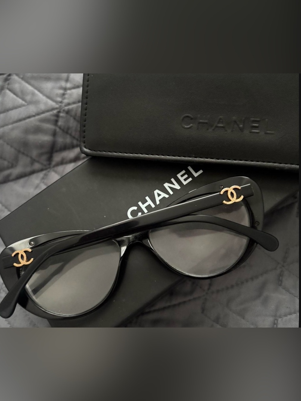 Chanel Black Cat-eye Glasses Featuring Gold Double C Logo On The Temples.